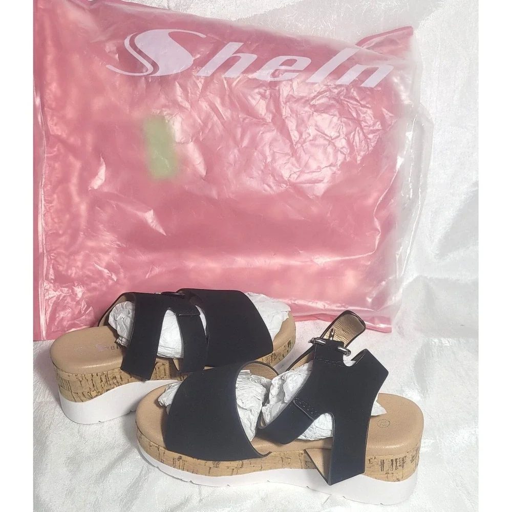 Shein‎ Kids Girls Black Velvet Platform Ankle Strap Sandals - Size 12